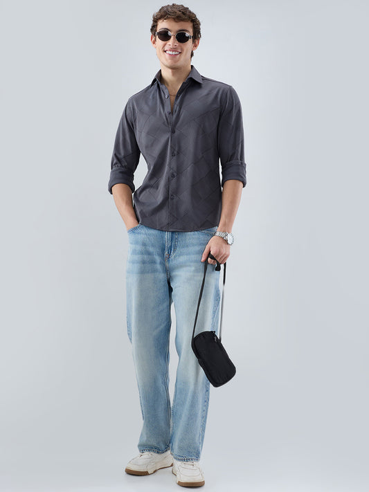 Intricate Grey Block Weave Knitted Shirt