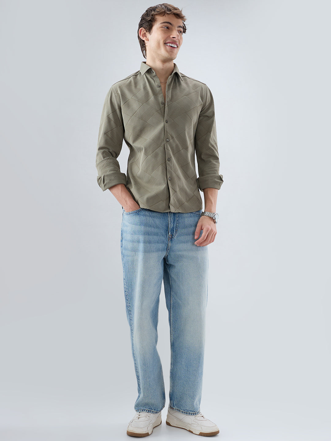 Intricate Olive Block Weave Knitted Shirt