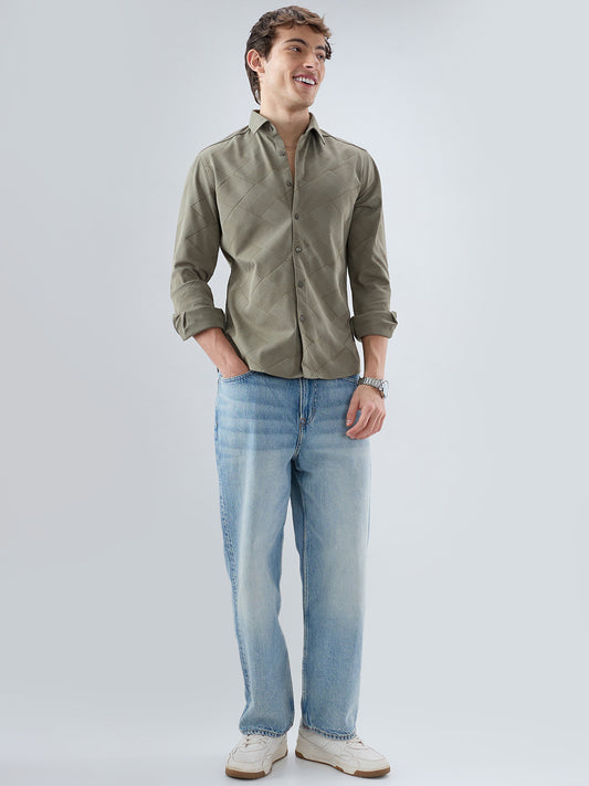 Intricate Olive Block Weave Knitted Shirt