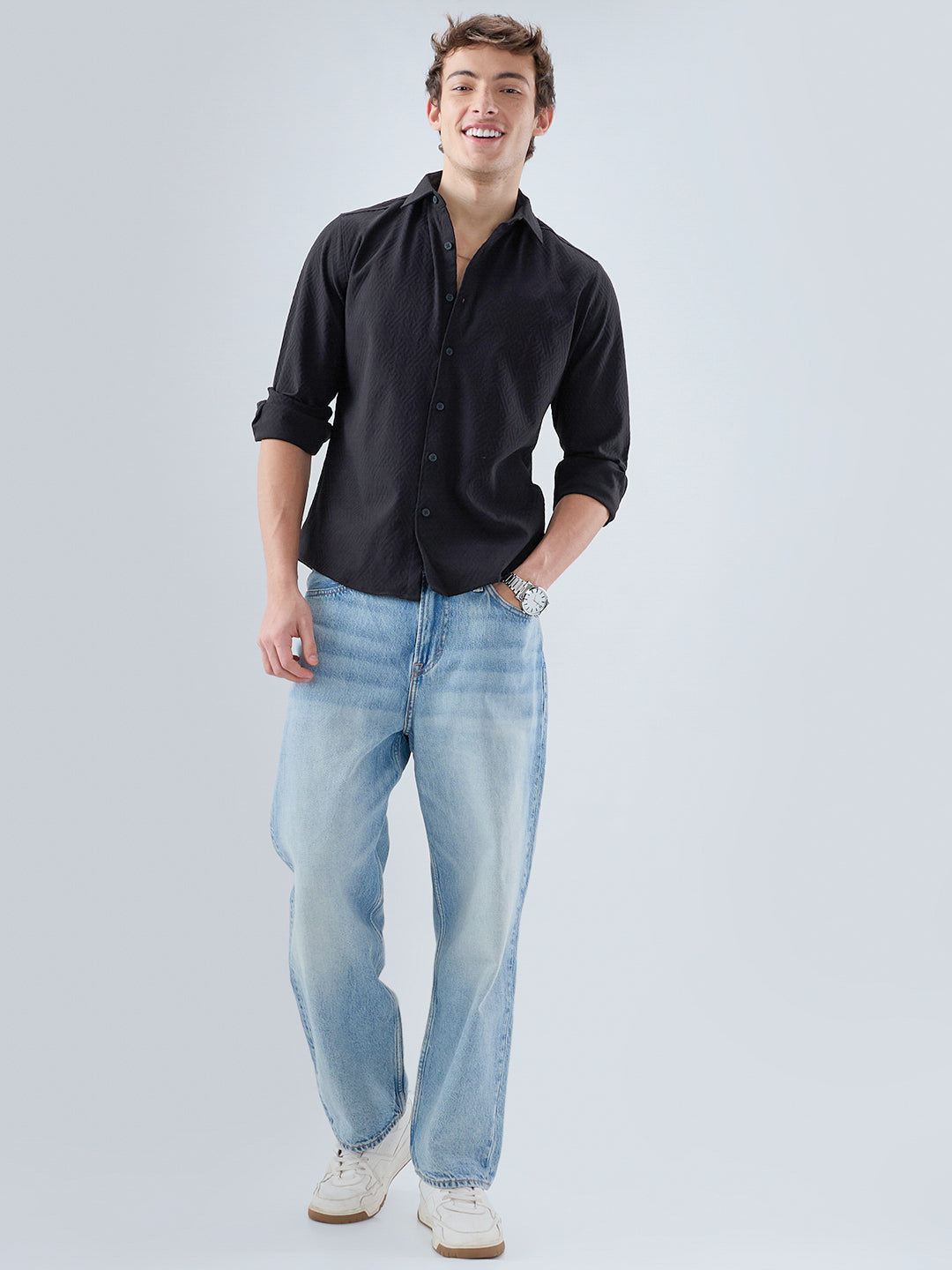 Black Interlock Maze Weave Knitted Shirt