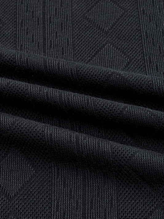 Rich Black Contrast Polo Neck Diamond Weave Knit T-shirt