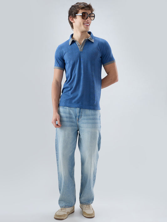 Denim Blue Constrast Polo Neck Knit T-shirt