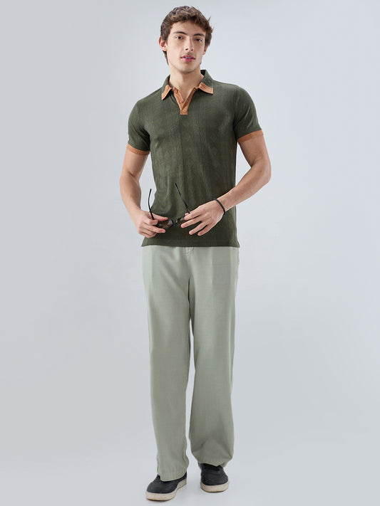 Olive Contrast Polo Neck Knit T-shirt