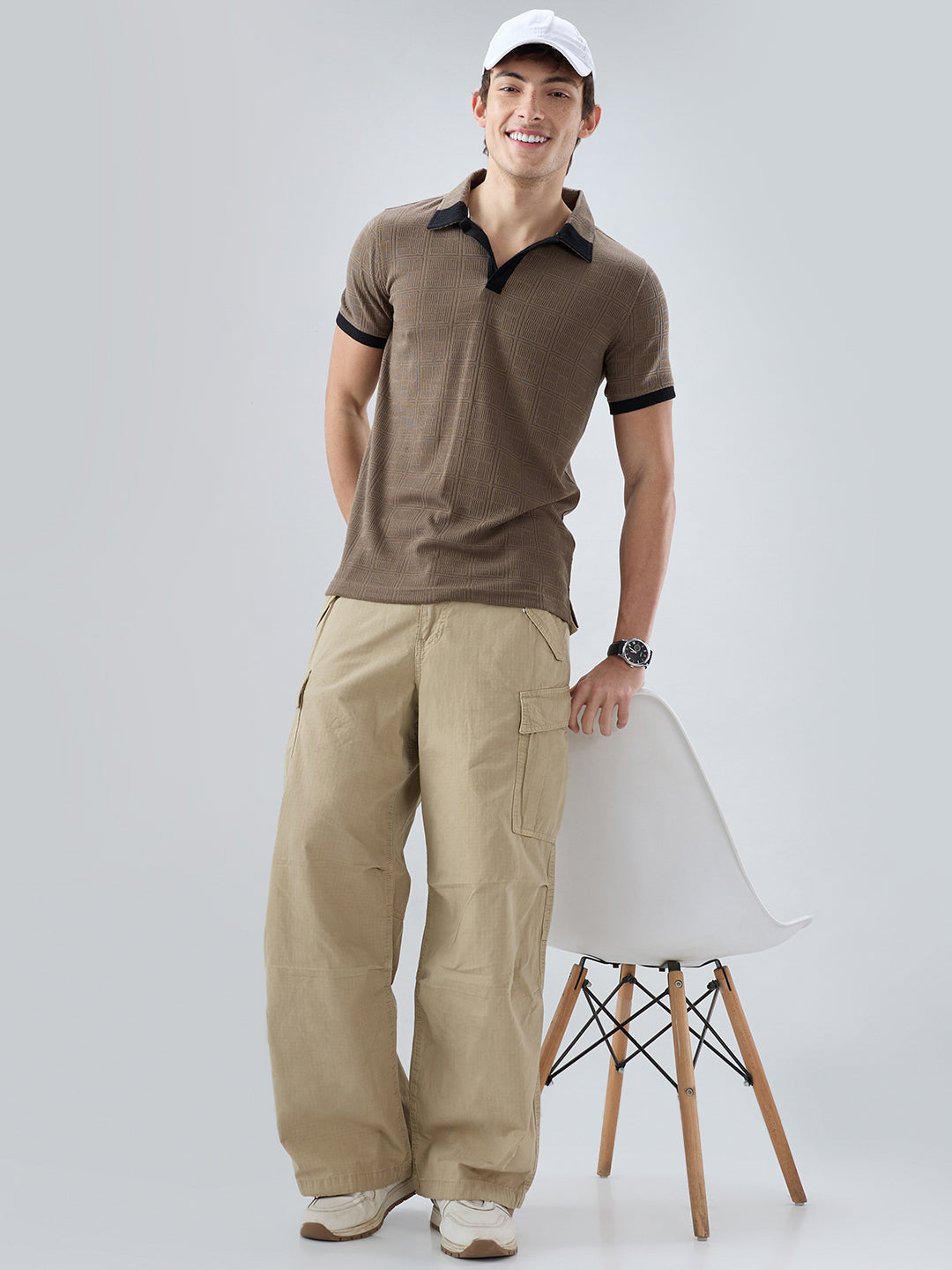 Dusty Beige Contrast Polo Neck T-shirt
