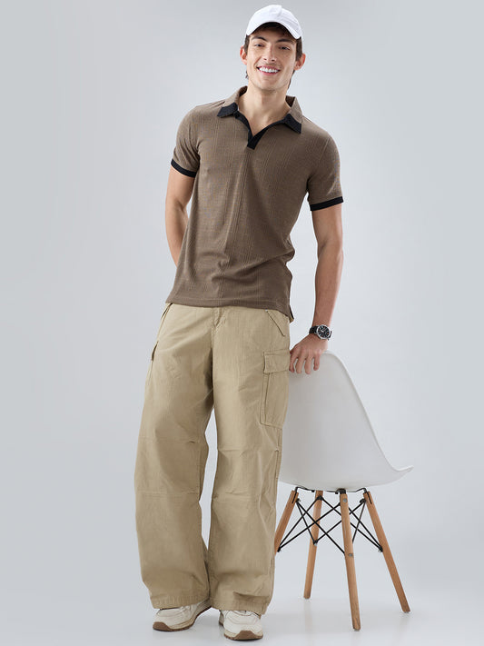Dusty Beige Contrast Polo Neck T-shirt