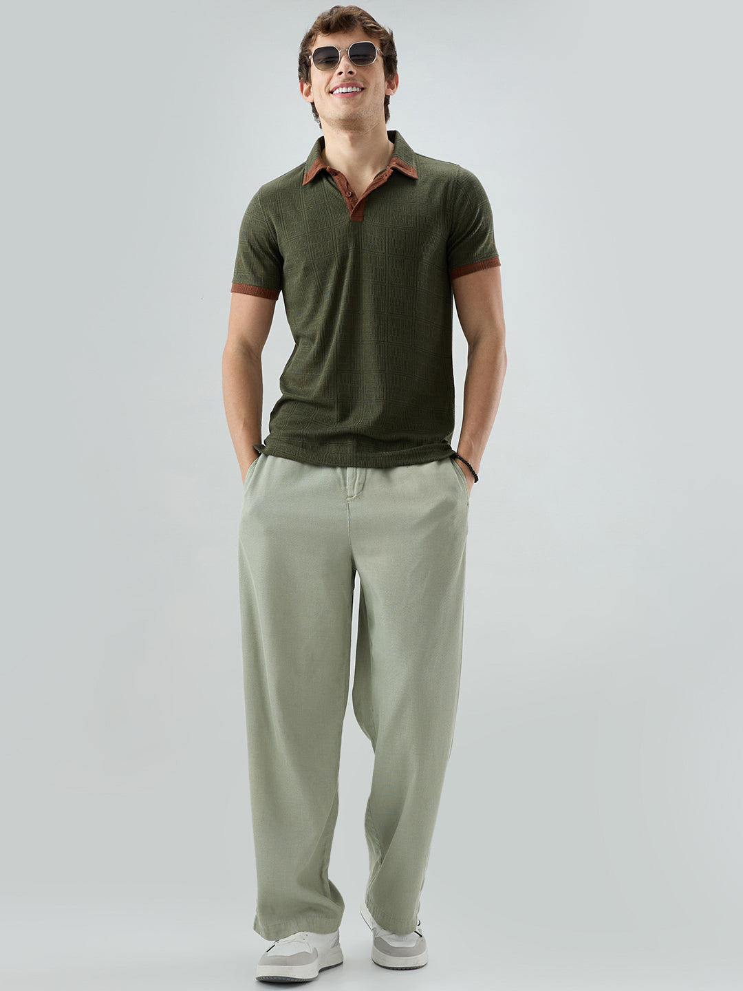 Green Contrast Polo Neck Knit T-shirt