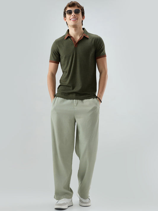 Green Contrast Polo Neck Knit T-shirt