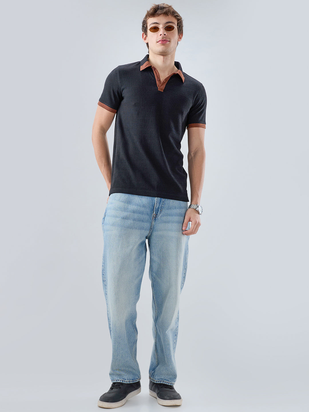 Matte Black Contrast Polo Neck Knit T-shirt