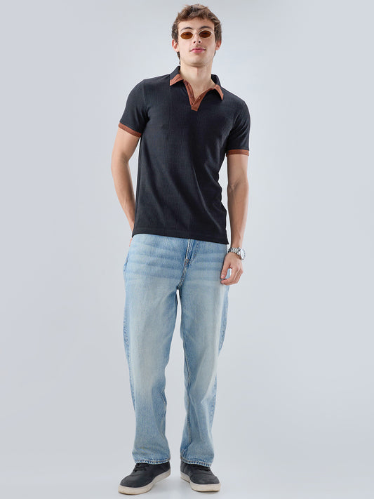 Matte Black Contrast Polo Neck Knit T-shirt