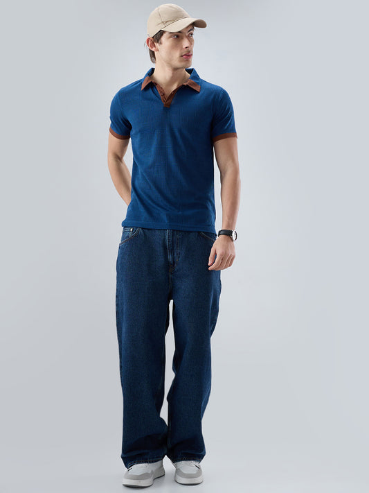 Dark Slate Blue Grid Contrast Polo Neck Knit T-shirt