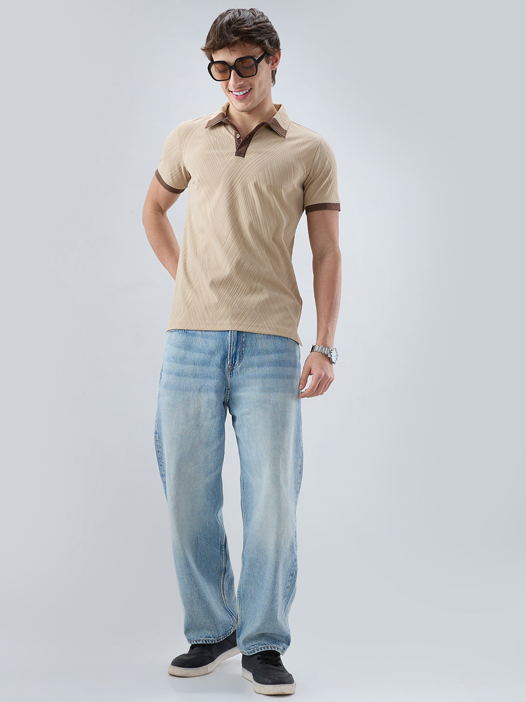 Muslin Birch Contrast Polo Neck T-shirt