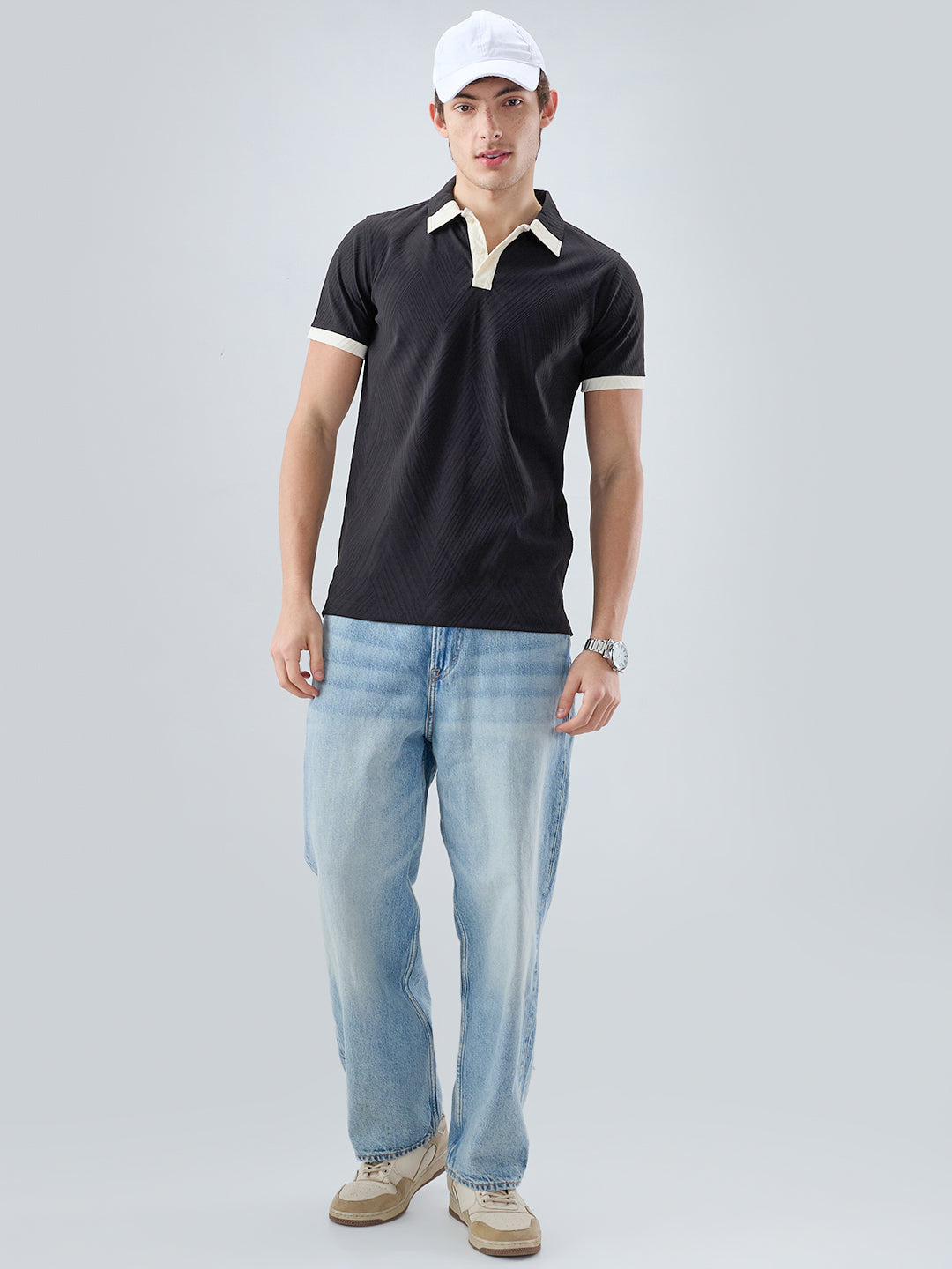 Black Chevron Contrast Polo Neck Knit T-shirt