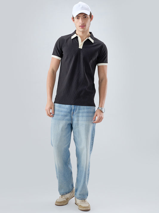 Black Chevron Contrast Polo Neck Knit T-shirt