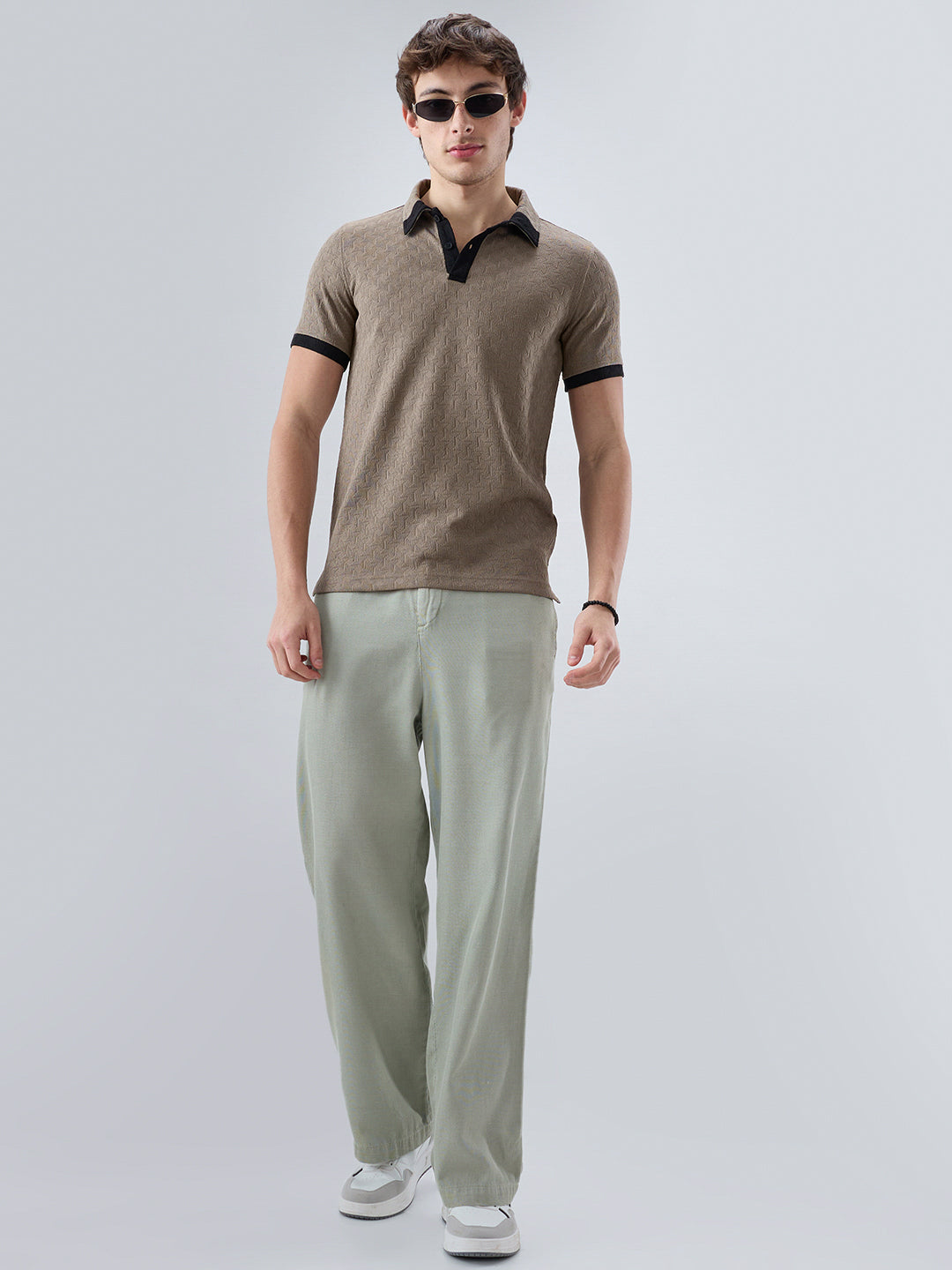 Taupe Textured Contrast Polo Neck Knit T-shirt