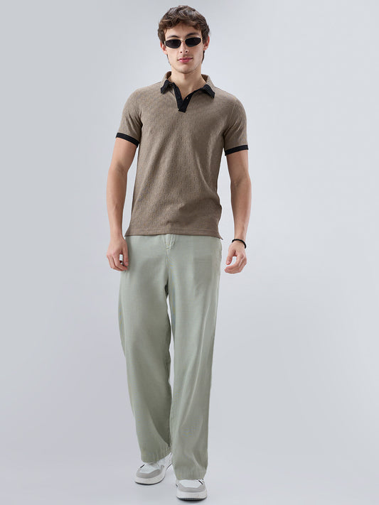 Taupe Textured Contrast Polo Neck Knit T-shirt