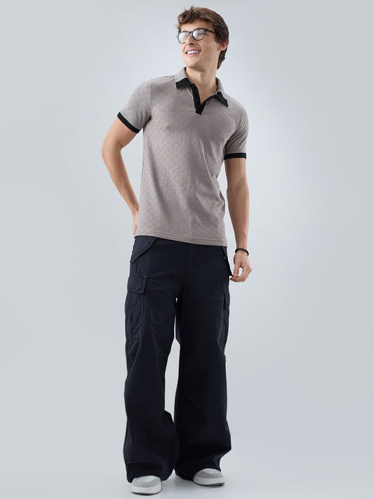 Shadow Grey Textured Contrast Polo Neck Knit T-shirt