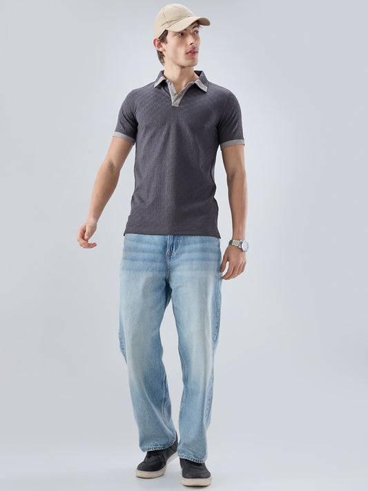 Charcoal Grey Textured Contrast Polo Neck Knit T-shirt