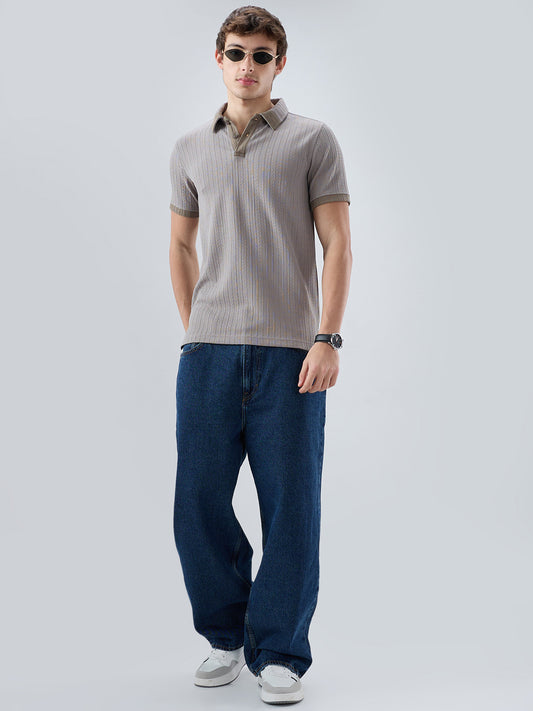Ash Grey Ribbed Polo Neck Knit T-shirt