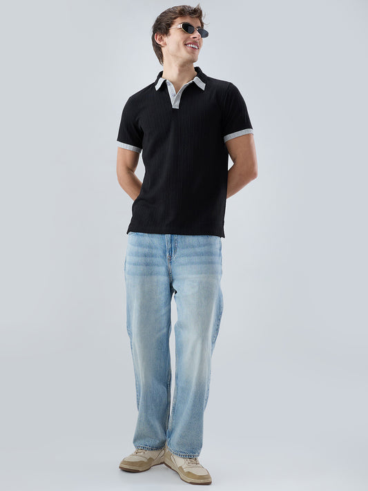 Rich Black Contrast Polo Neck Knit T-shirt