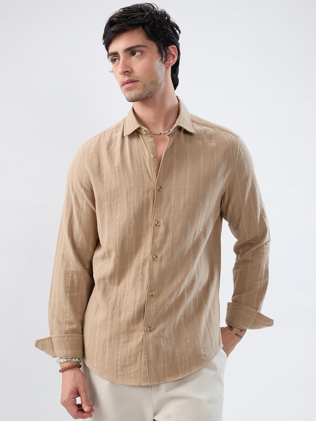Tuscan Tan Double Cloth Luxe Striped Shirt