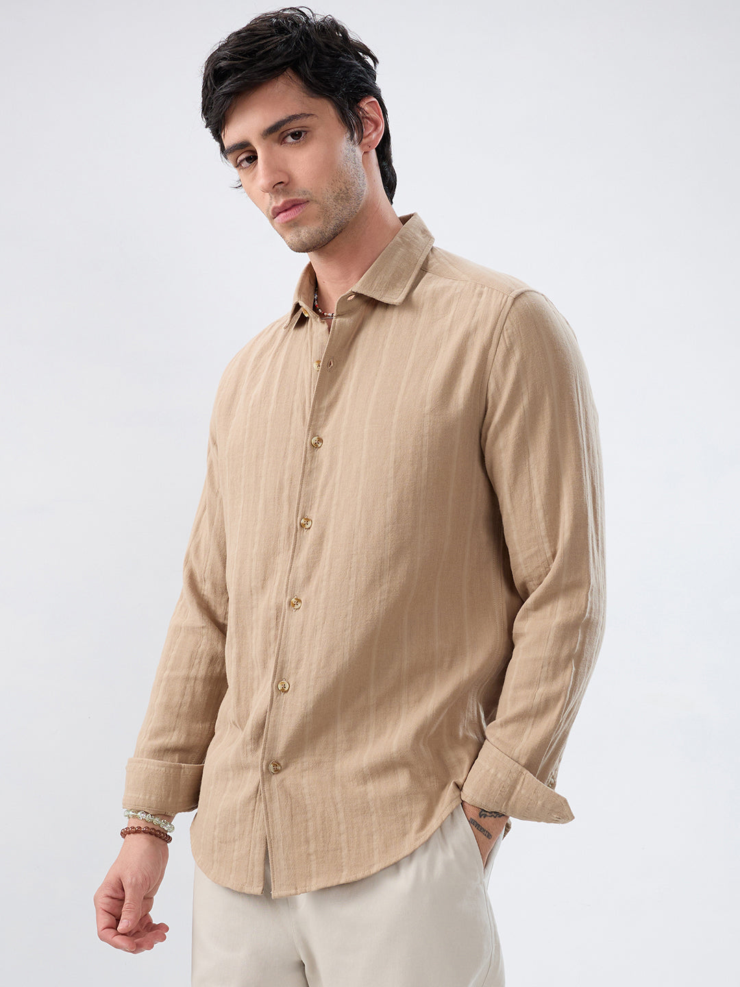 Tuscan Tan Double Cloth Luxe Striped Shirt