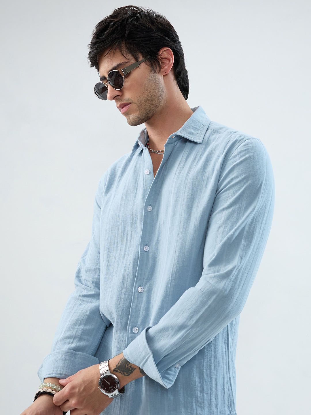 Luxe Powder Blue Double Coth Striped Shirt