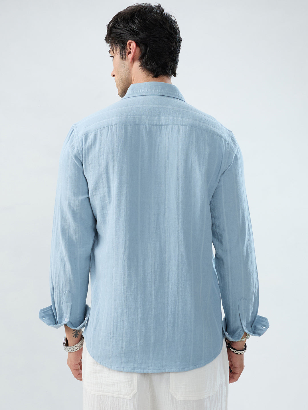 Luxe Powder Blue Double Coth Striped Shirt