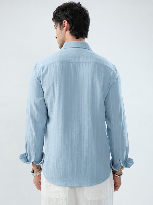 Luxe Powder Blue Double Coth Striped Shirt