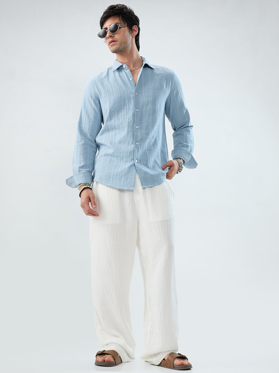 Luxe Powder Blue Double Coth Striped Shirt