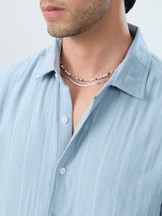 Luxe Powder Blue Double Coth Striped Shirt