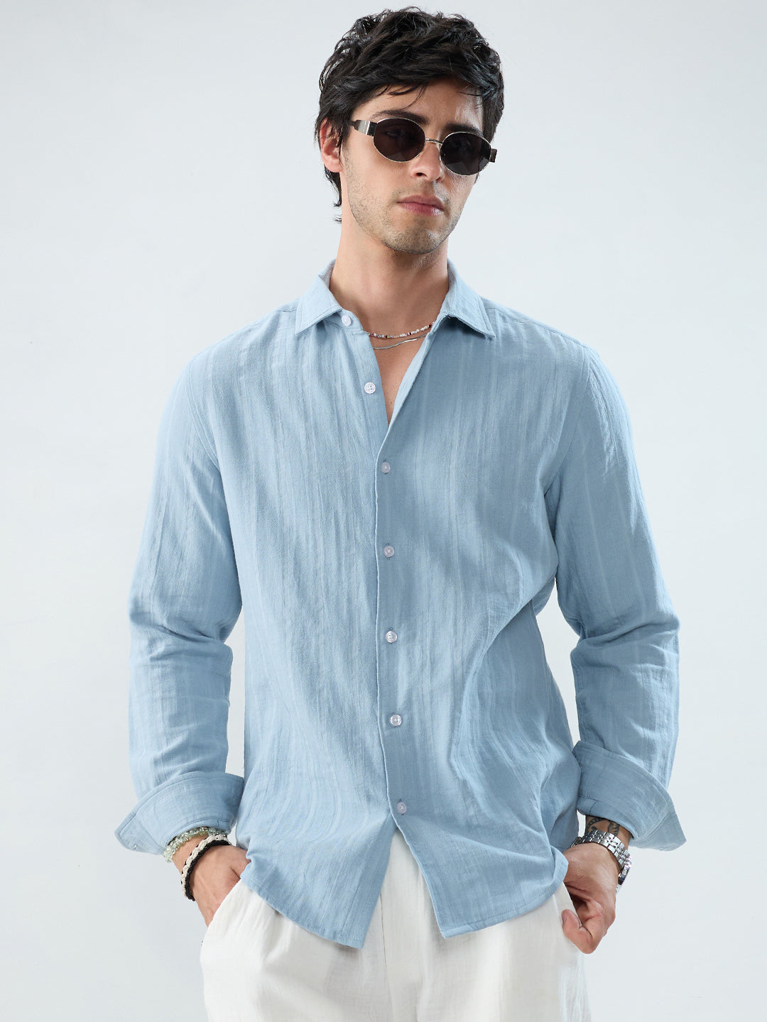 Luxe Powder Blue Double Coth Striped Shirt
