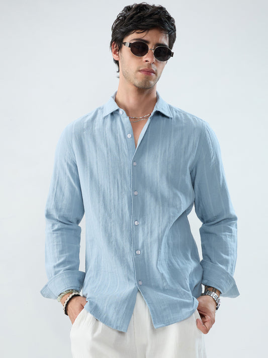 Luxe Powder Blue Double Coth Striped Shirt