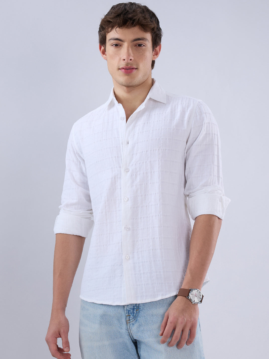 Luxe Pearl White Double Coth Seersucker Checked Shirt