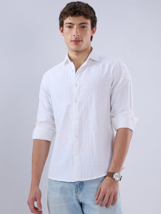 Luxe Pearl White Double Coth Seersucker Checked Shirt