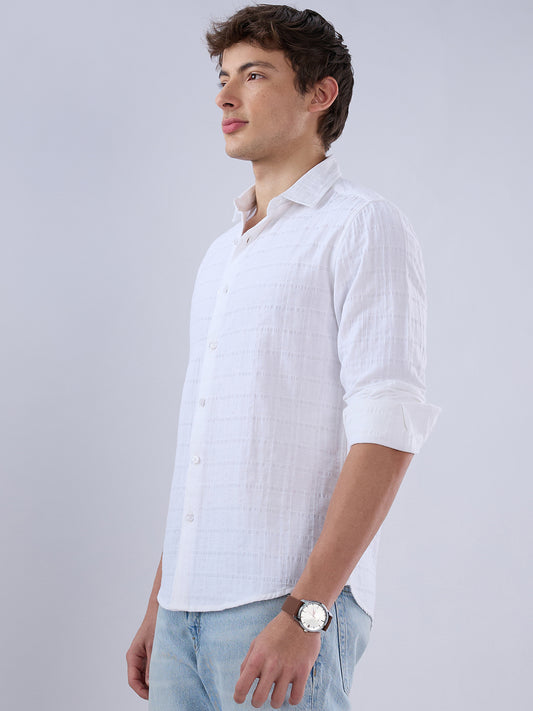 Luxe Pearl White Double Coth Seersucker Checked Shirt