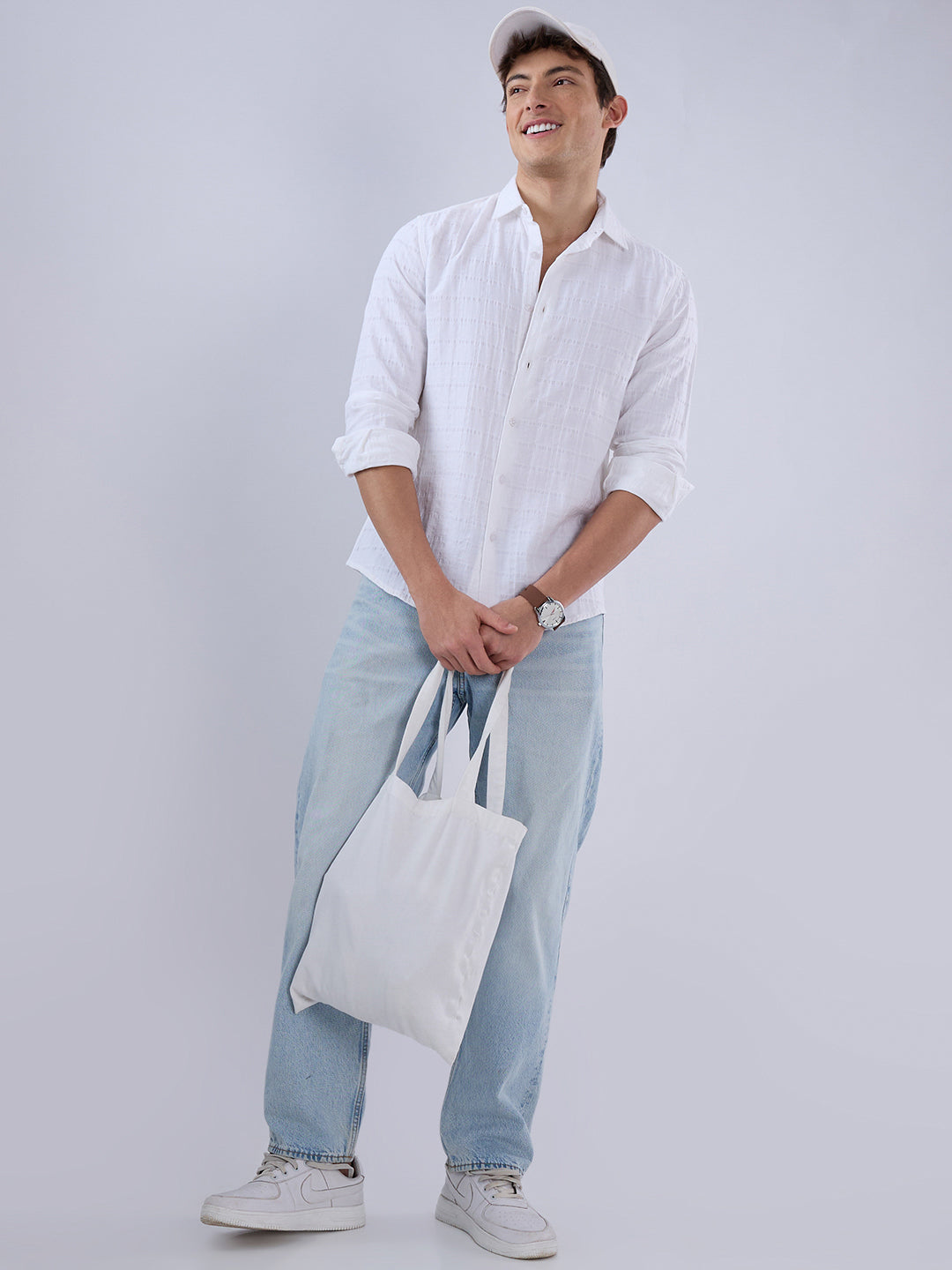 Luxe Pearl White Double Coth Seersucker Checked Shirt