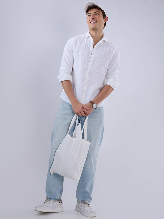 Luxe Pearl White Double Coth Seersucker Checked Shirt
