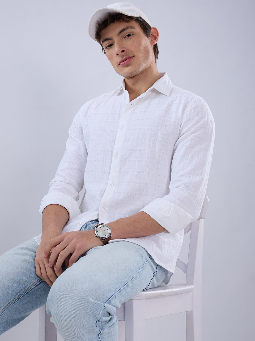 Luxe Pearl White Double Coth Seersucker Checked Shirt