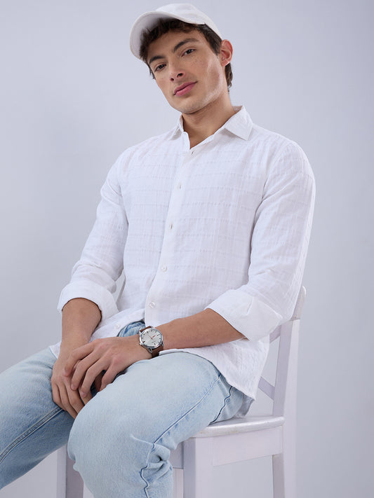 Luxe Pearl White Double Coth Seersucker Checked Shirt