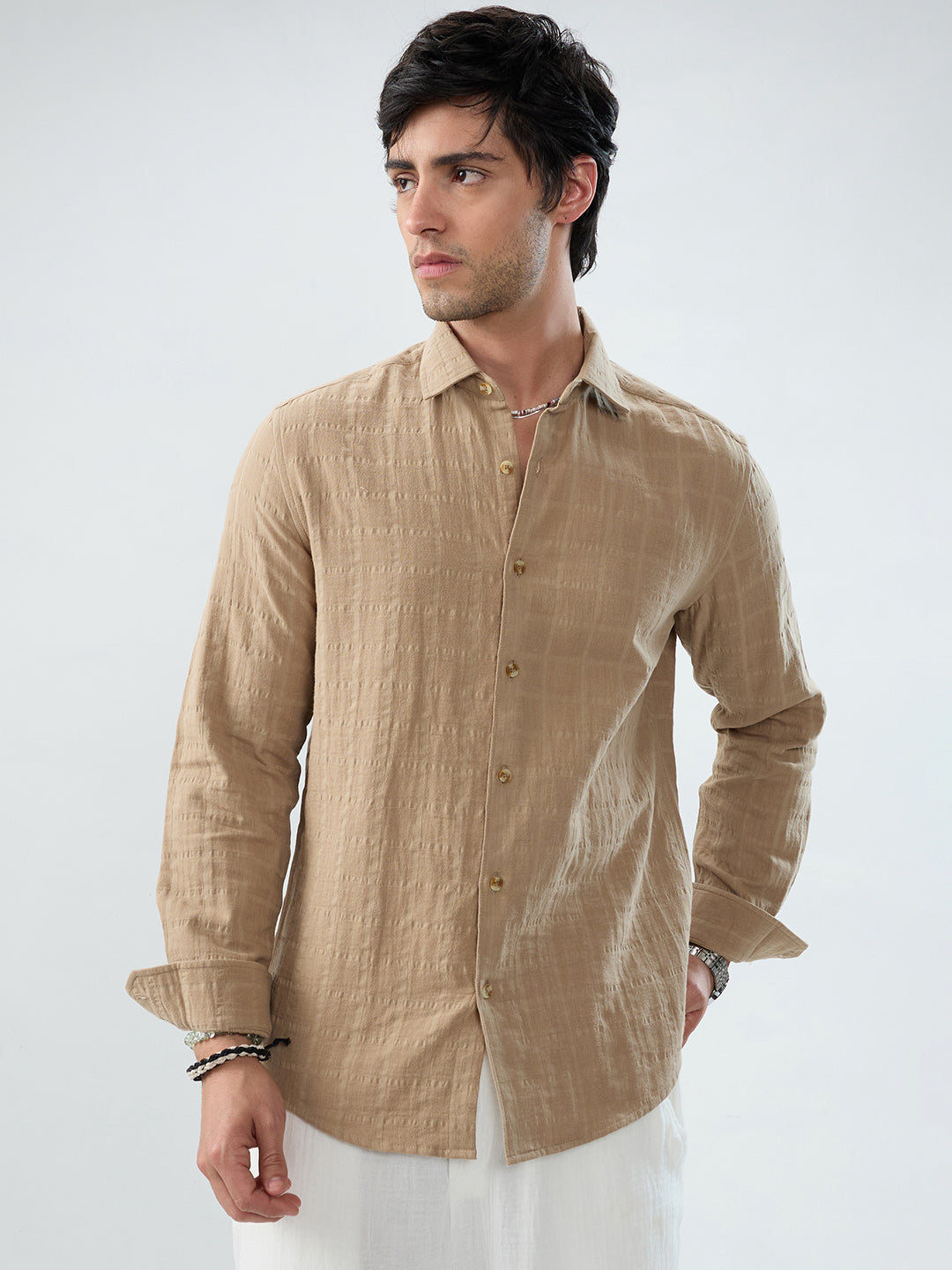 Tan Beige Double Cloth Box Checks Shirt