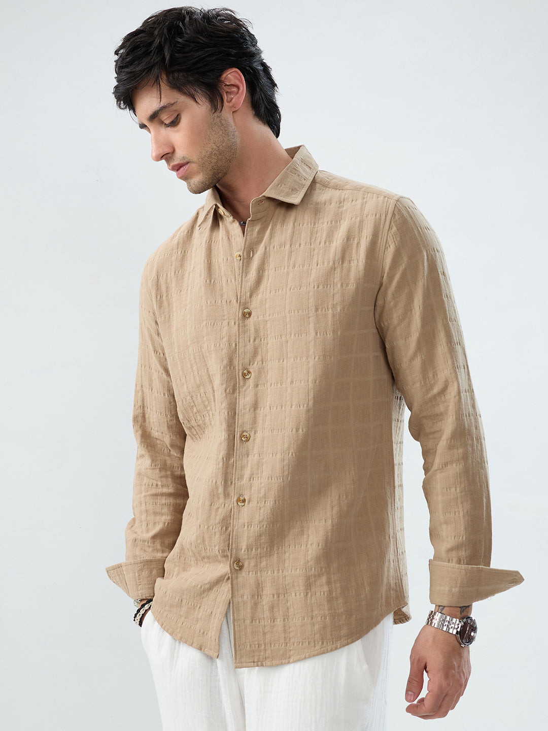 Tan Beige Double Cloth Box Checks Shirt