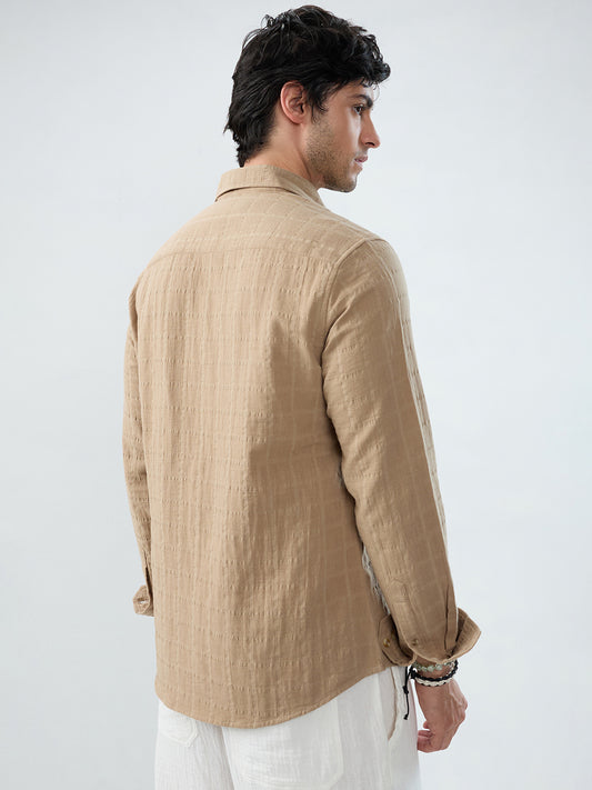 Tan Beige Double Cloth Box Checks Shirt