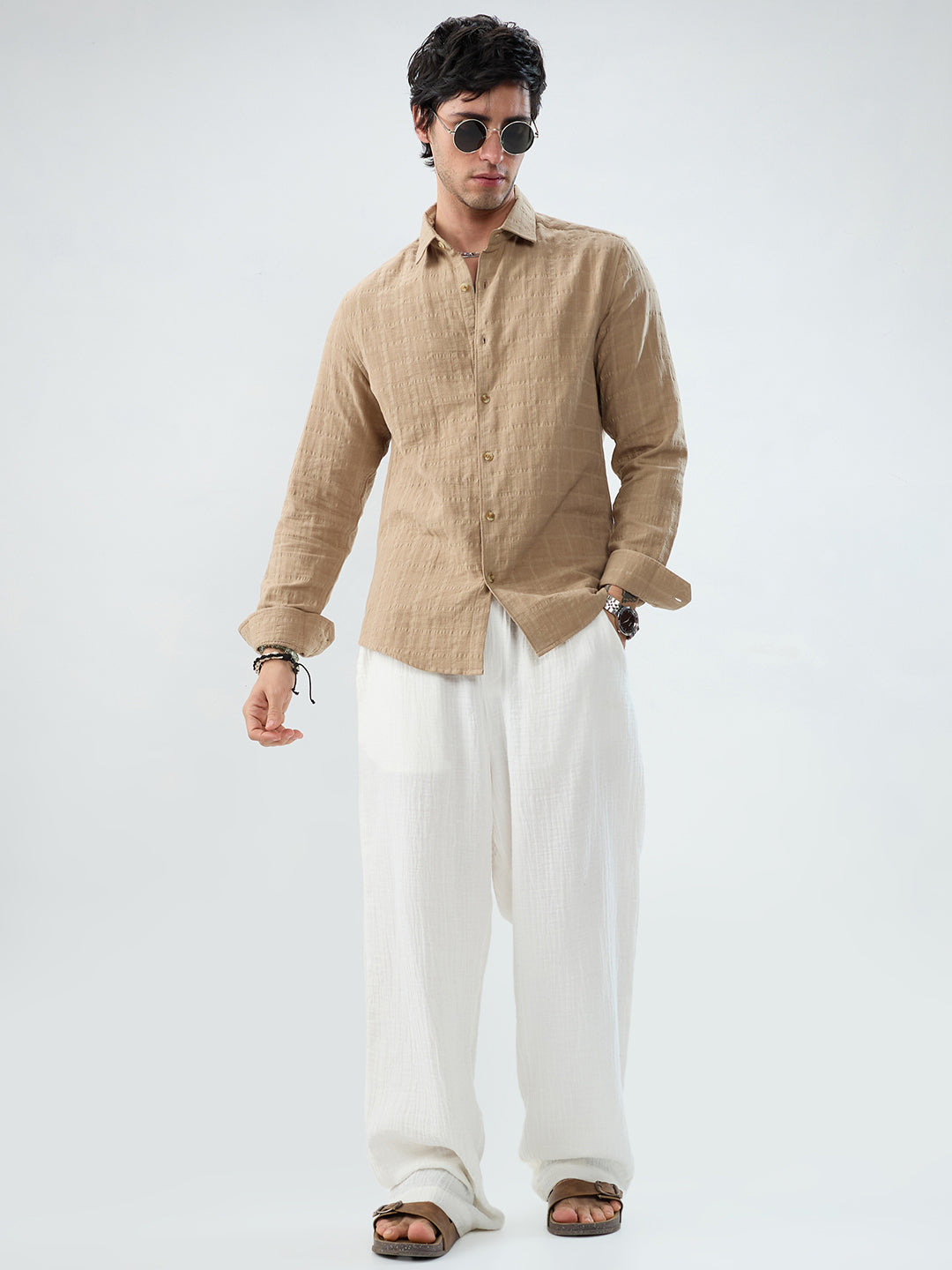 Tan Beige Double Cloth Box Checks Shirt