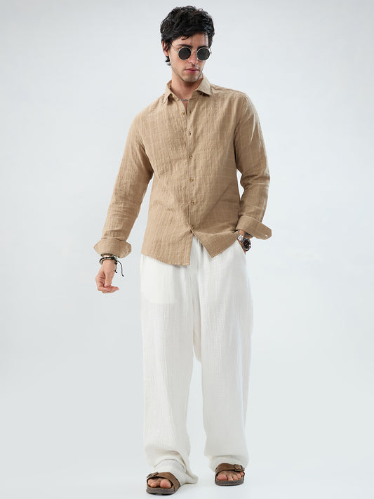 Tan Beige Double Cloth Box Checks Shirt