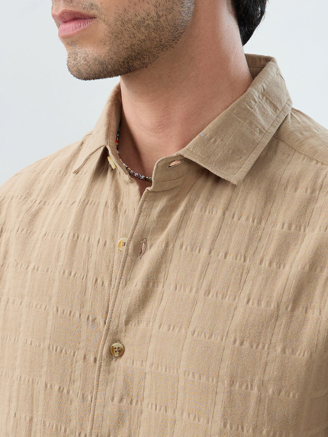 Tan Beige Double Cloth Box Checks Shirt