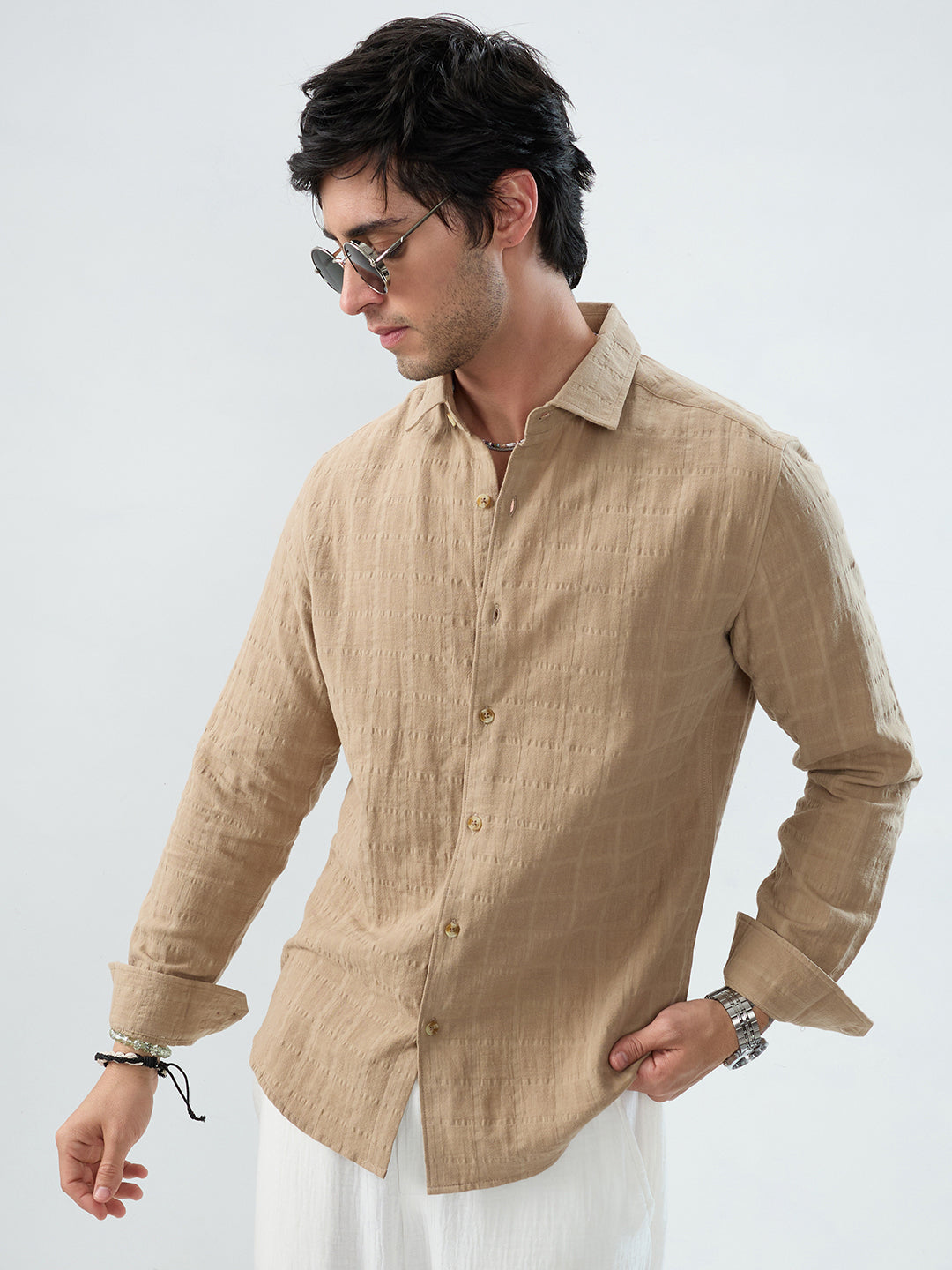 Tan Beige Double Cloth Box Checks Shirt