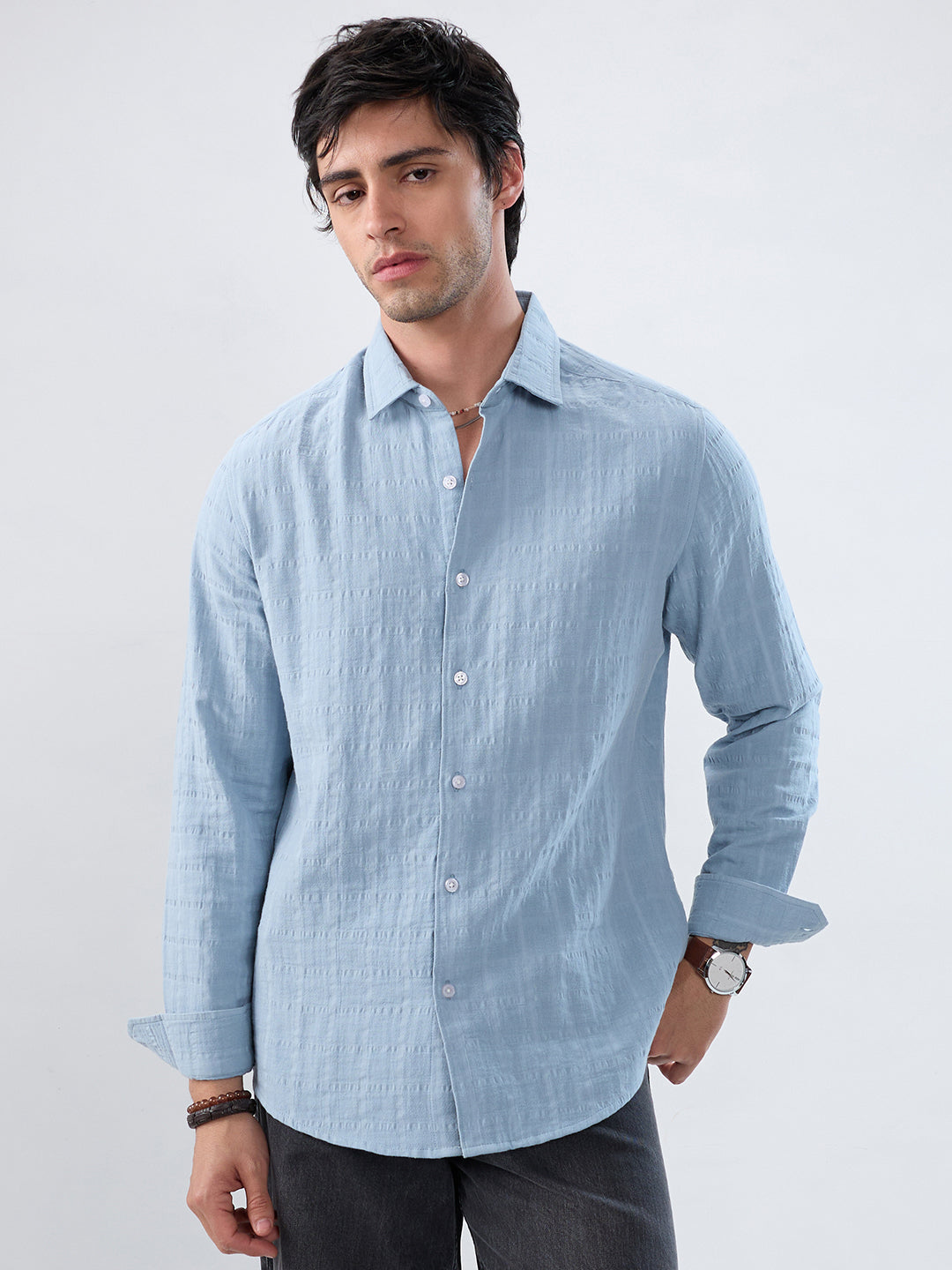 Premium Ice Mist Grid Emboss Double Cloth Shirt