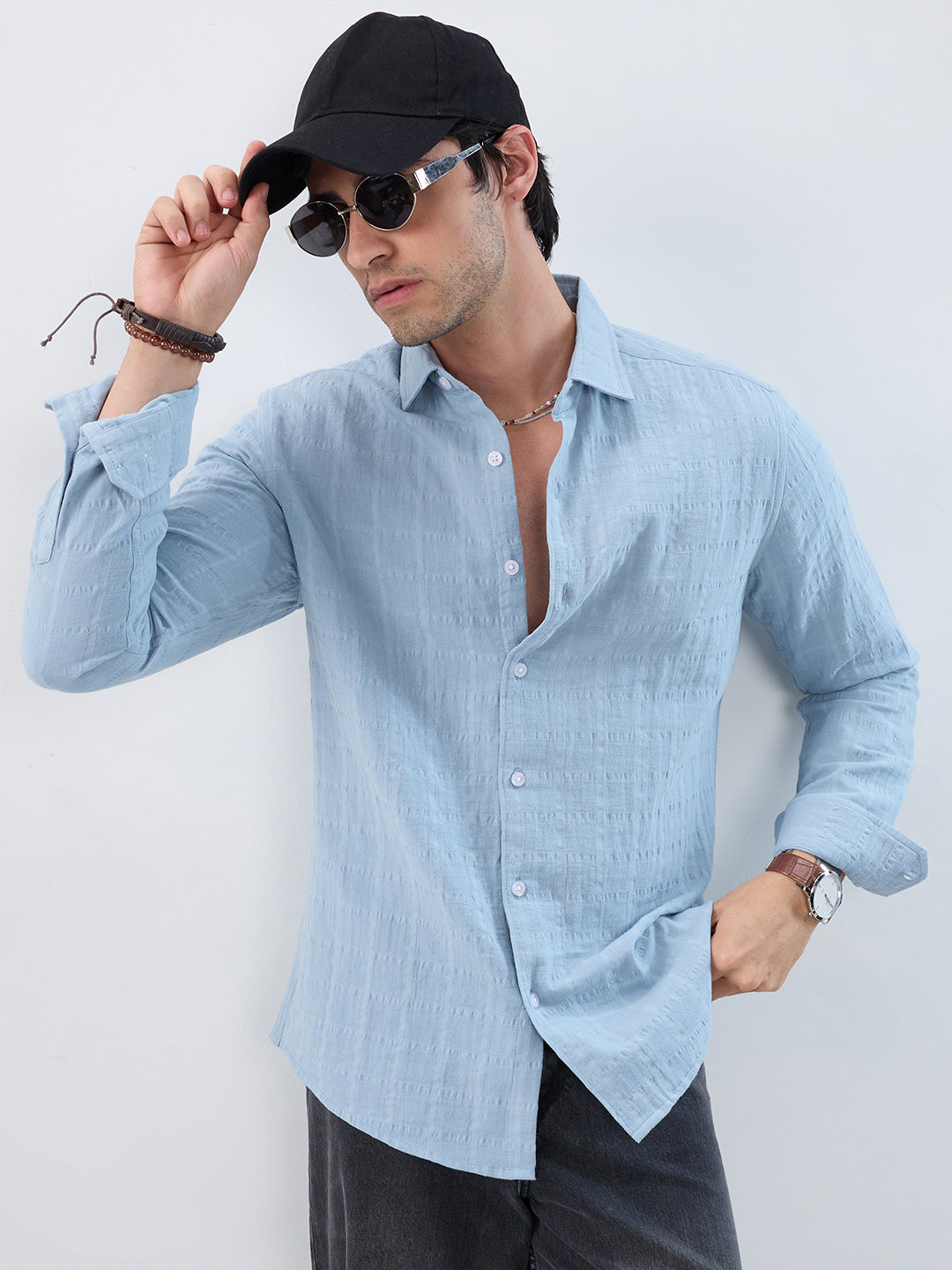 Premium Ice Mist Grid Emboss Double Cloth Shirt