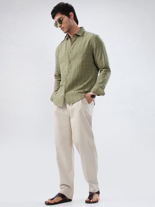 Premium Olive Grid Emboss Double Cloth Textured Shirt
