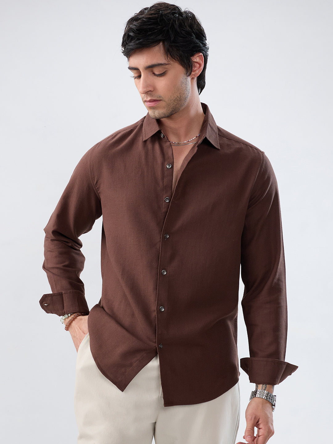 Hickory Brown Subtle Jacquard Everyday Shirt